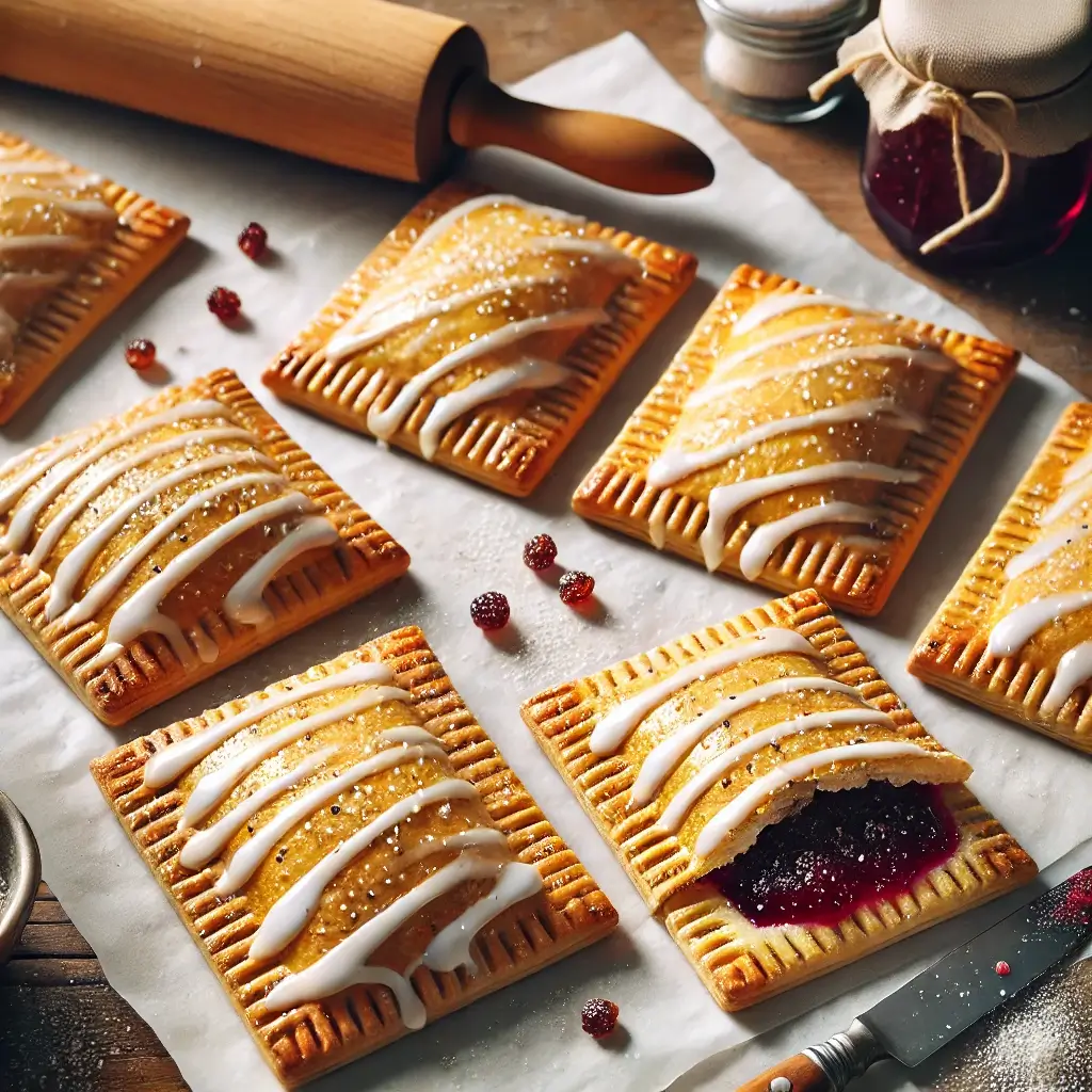 Freshly baked sourdough pop tarts with a golden crust, drizzled with white glaze and sprinkled with sugar crystals, sitting on a parchment-lined surface.
