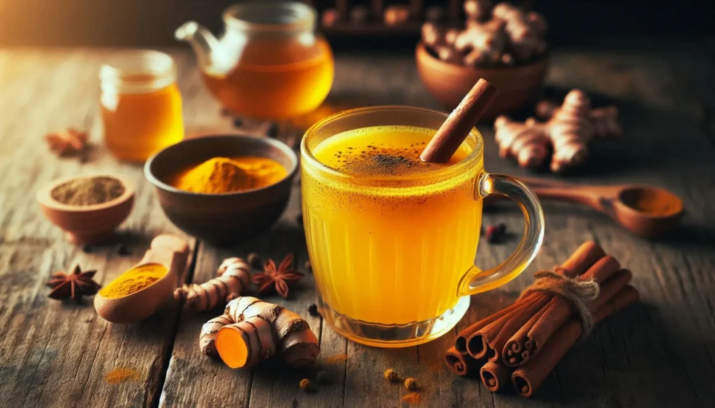 A golden turmeric weight loss drink in a clear glass mug, garnished with black pepper and a cinnamon stick, placed on a rustic wooden table with fresh turmeric root, black pepper, and honey nearby.