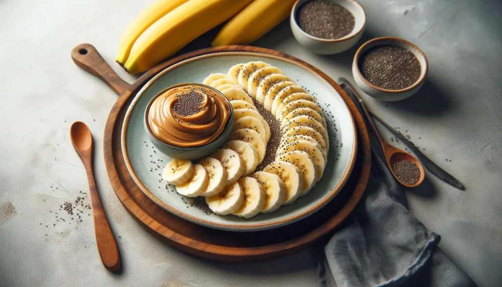 A healthy banana weight-loss snack featuring sliced bananas topped with natural peanut butter and chia seeds, arranged on a plate with a rustic wooden background.