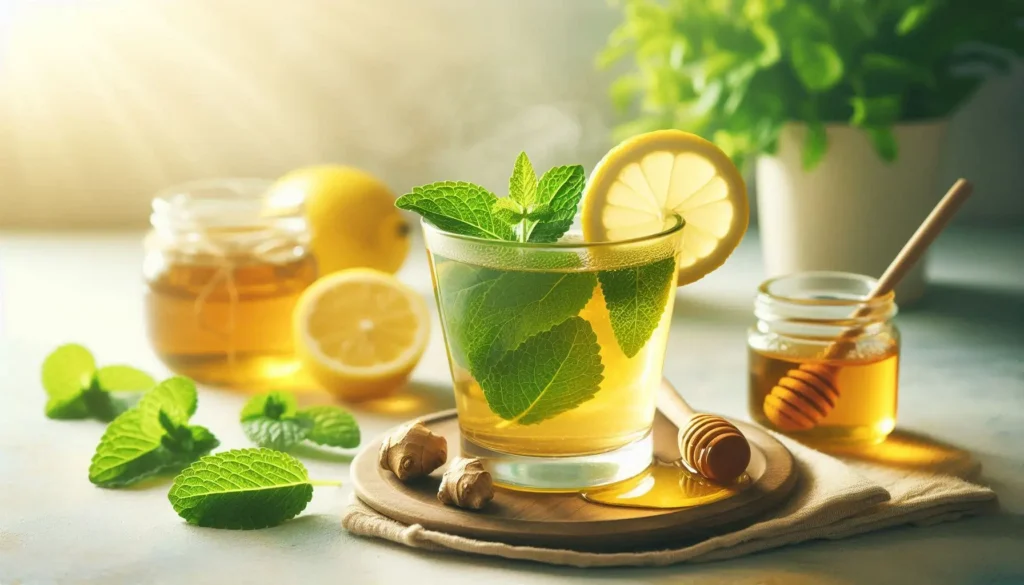 A refreshing glass of lemon balm detox tea for weight loss, garnished with fresh lemon balm leaves, a lemon slice, and grated ginger, placed on a natural wooden table with honey and lemon juice nearby.