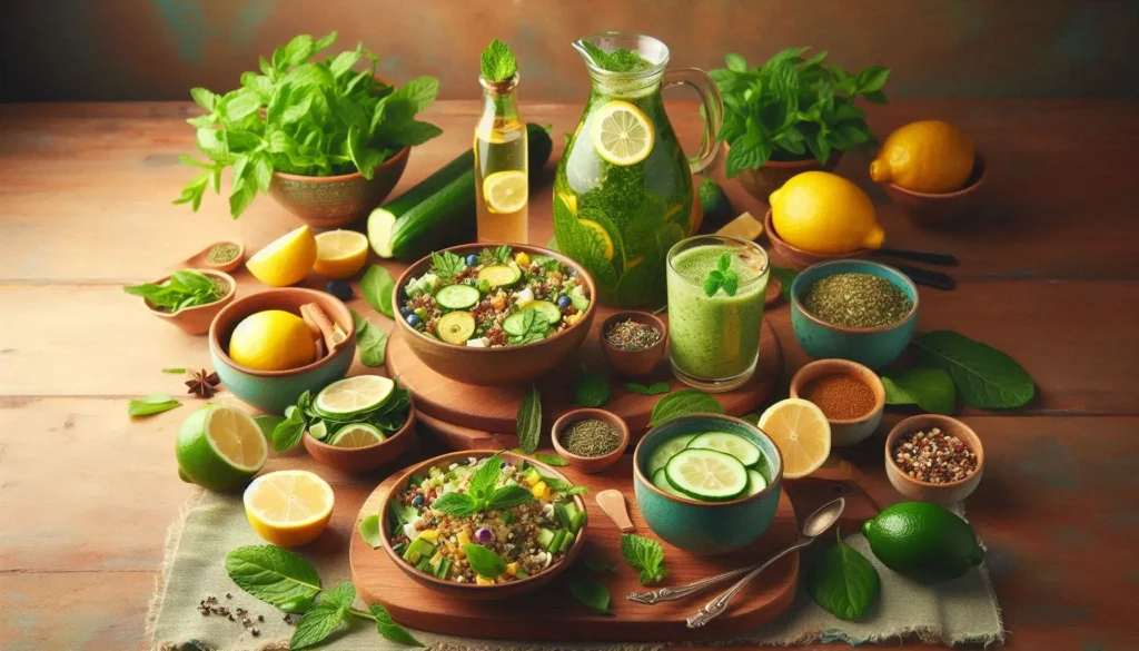 A collection of five delicious lemon balm recipes for weight loss, including lemon balm tea, a green smoothie, infused water, a quinoa salad, and a calming evening elixir, arranged on a rustic wooden table with fresh herbs and lemon slices.