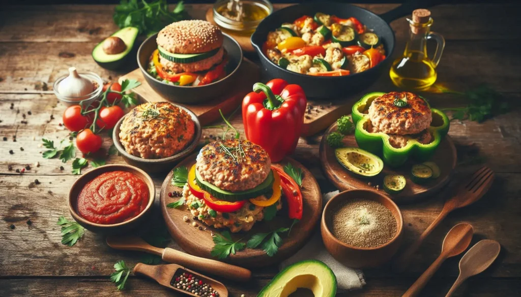 A collection of delicious ground turkey keto recipes, including turkey burgers, stuffed peppers, and a skillet dish, arranged on a rustic wooden table with fresh herbs, avocado slices, and low-carb vegetables.
