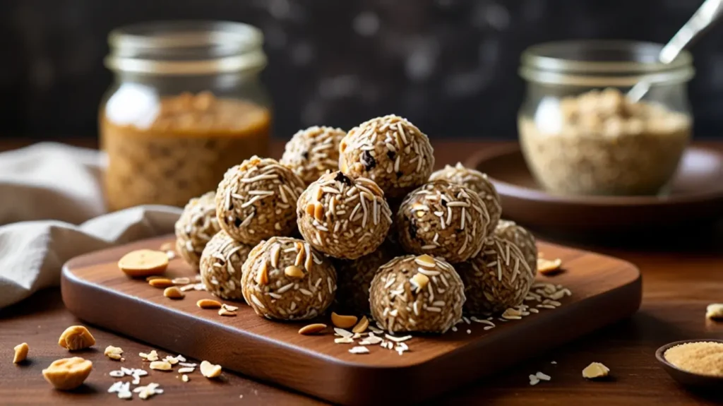 A plate of homemade protein balls made with oats, peanut butter, and chocolate chips, arranged neatly with a drizzle of honey on top.