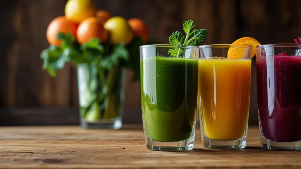 A collection of refreshing and nutrient-packed juicing recipes for weight loss, featuring colorful juices in clear glasses, surrounded by fresh fruits and vegetables like oranges, carrots, kale, apples, beets, and ginger on a wooden table.